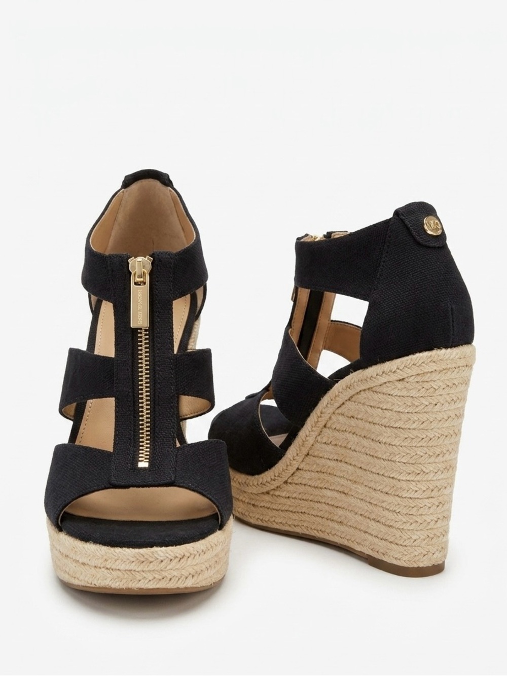 MICHAEL Michael Kors Damita Black Canvas Zip Front Espadrille Wedge Sandals 7.5